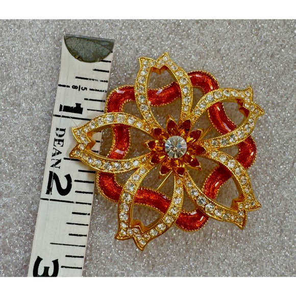 Nolan Miller Orange Enamel & Crystal Floral Flower Pin Brooch Gold Tone 2.5" - Picture 3 of 5